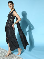 Women Black Sleeveless RTW Draped Saree With Belt