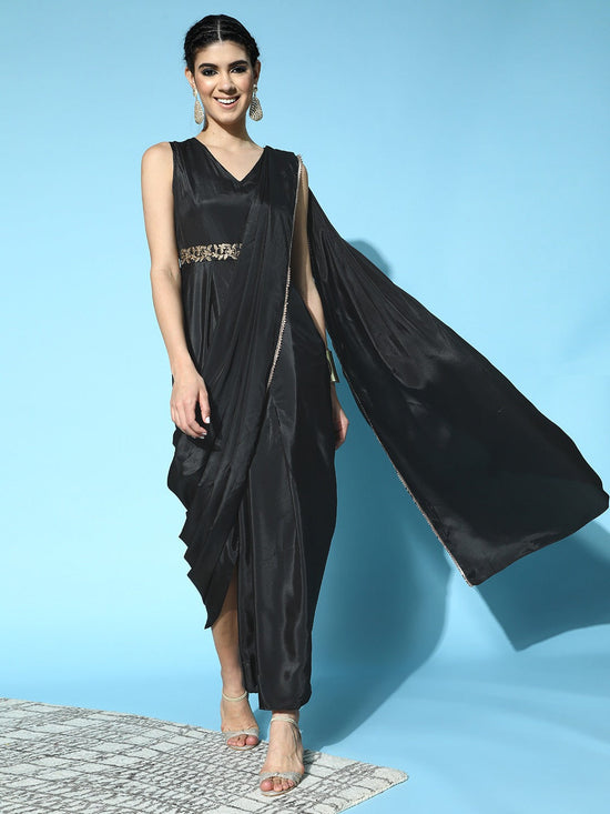 Women Black Sleeveless RTW Draped Saree With Belt