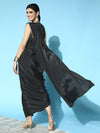 Women Black Sleeveless RTW Draped Saree With Belt