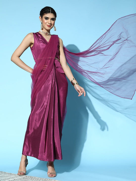 Women Burgundy Peplum RTW Draped Saree With Belt