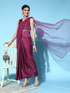 Women Burgundy Peplum RTW Draped Saree With Belt