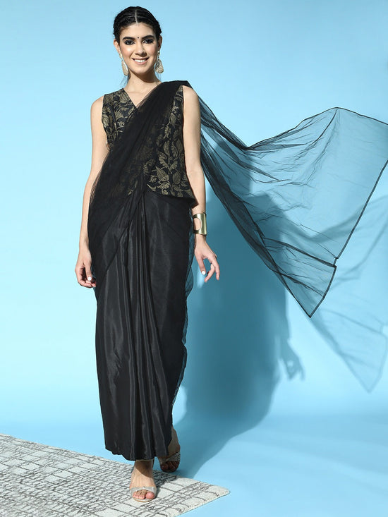 Women Black Brocade Peplum RTW Draped Saree