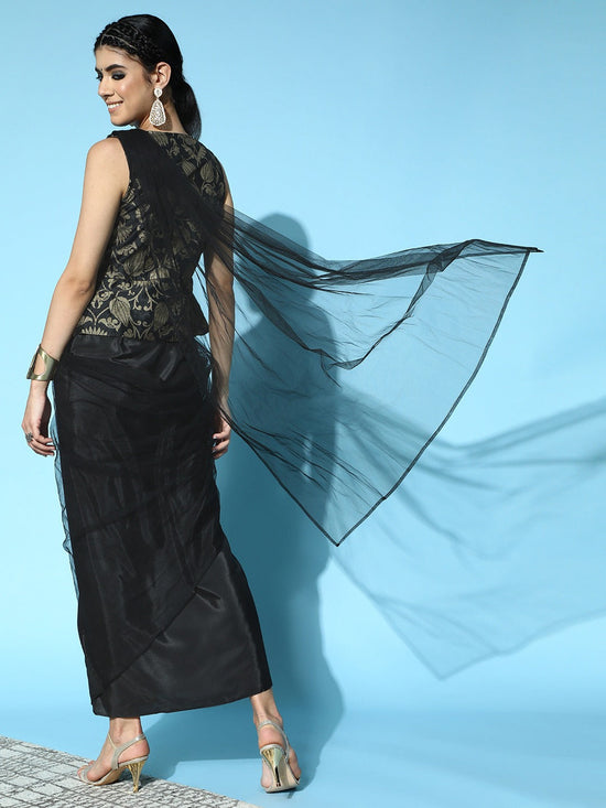 Women Black Brocade Peplum RTW Draped Saree