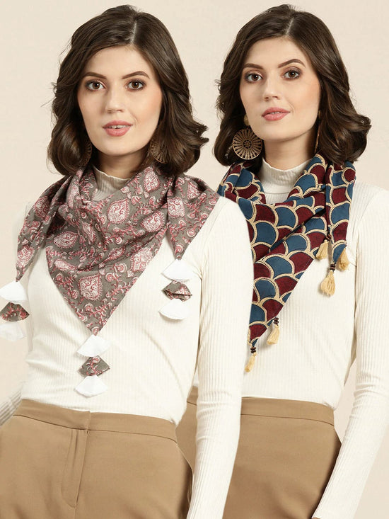 Blue Geo Print & Grey Pink Floral Scarf (Set Of 2)