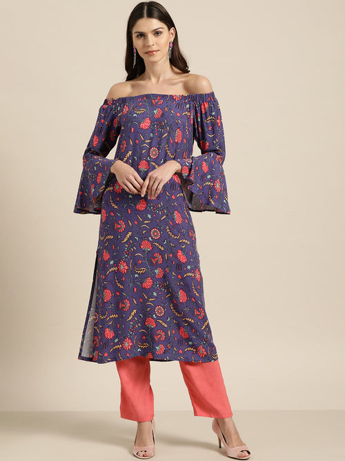 Purple Floral Off Shoulder Kurta with Red Pants