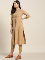 Beige Yoke Kurta With Floral Pencil Pants