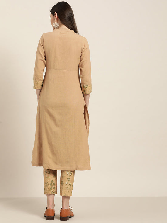 Beige Yoke Kurta With Floral Pencil Pants