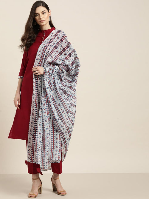 Maroon Kurta with Pants and Blue Printed Dupatta