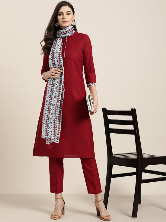 Maroon Kurta with Pants and Blue Printed Dupatta