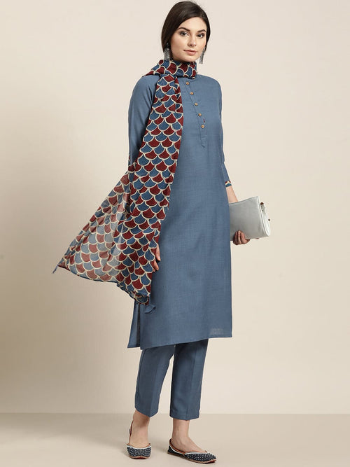 Blue Kurta Set With Pants and Blue Printed Dupatta