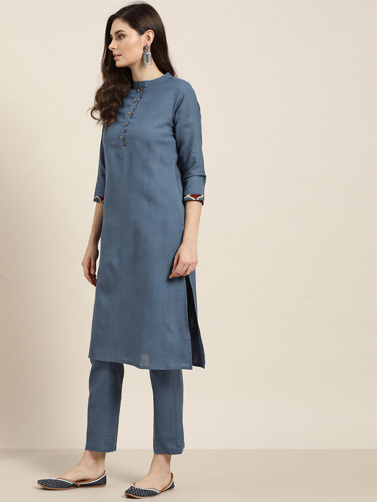 Blue Kurta Set With Pants and Blue Printed Dupatta