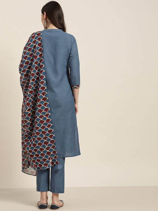 Blue Kurta Set With Pants and Blue Printed Dupatta