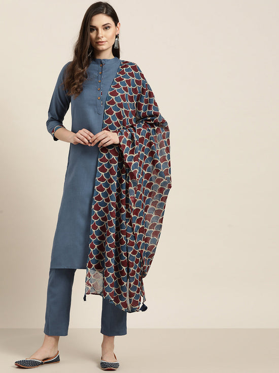 Blue Kurta Set With Pants and Blue Printed Dupatta