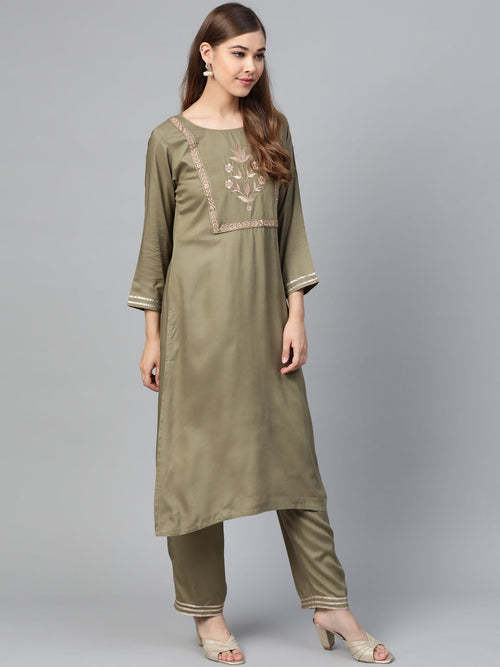 Olive Motif Zari Embroidery Kurta With Olive Pants