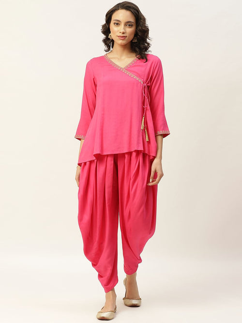 Fuchsia Zari Emb Angrakha Top with Dhoti Pants