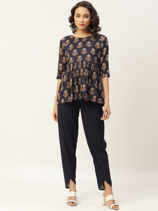 Navy Lurex Floral Peplum Top with Tulip Pants