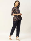 Navy Lurex Floral Peplum Top with Tulip Pants