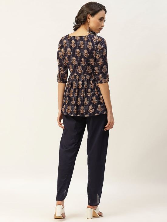 Navy Lurex Floral Peplum Top with Tulip Pants