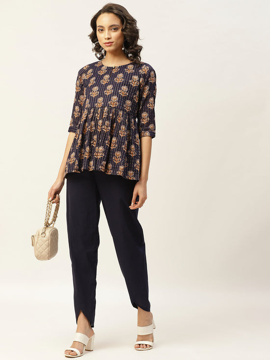 Navy Lurex Floral Peplum Top with Tulip Pants