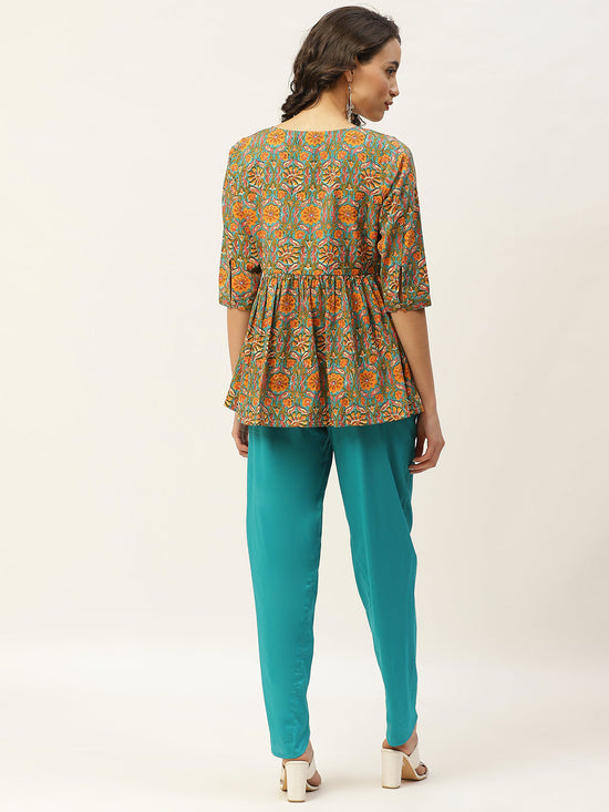 Teal Floral Peplum Top With Tulip Pants