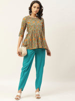 Teal Floral Peplum Top With Tulip Pants