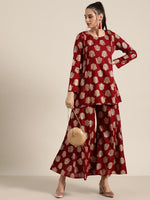 Maroon Foil Short Tunic With Kali Palazzo