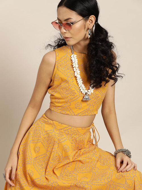 Mustard Bandhej Sleeveless Crop Top With Anarkali Skirt