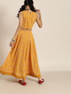 Mustard Bandhej Sleeveless Crop Top With Anarkali Skirt