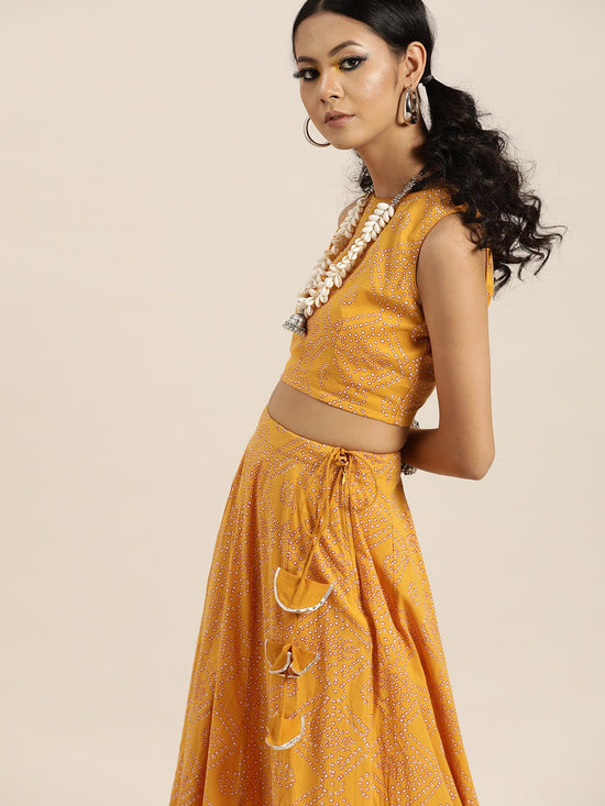 Mustard Bandhej Sleeveless Crop Top With Anarkali Skirt