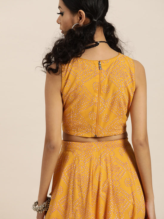 Mustard Bandhej Sleeveless Crop Top With Anarkali Skirt