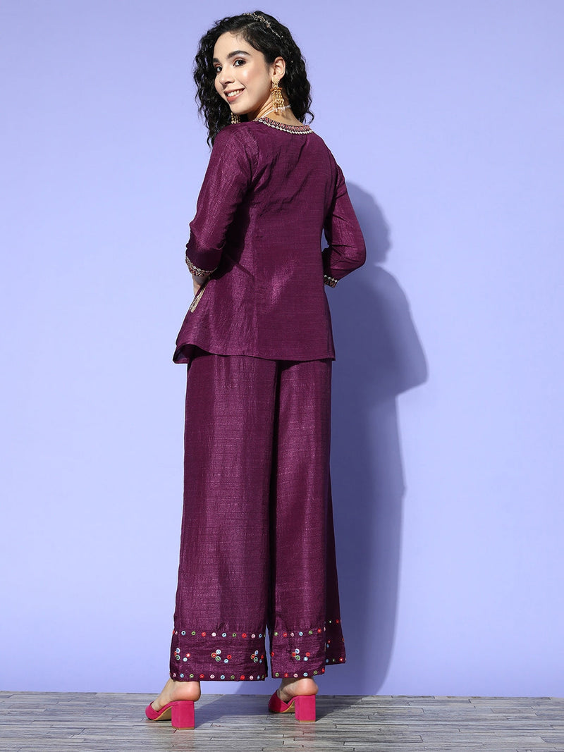 Women Burgundy Mirror Embroidered Top With Palazzo Pants