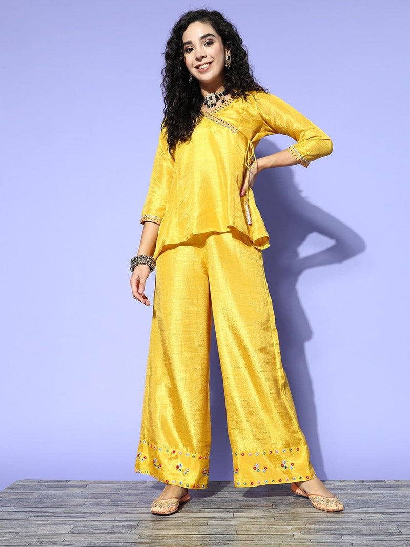 Women Mustard Mirror Embroidered Top With Palazzo Pants