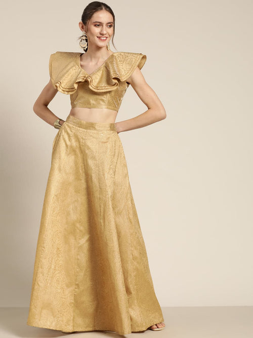 Women Gold Chanderi Foil Crop Top With Anarkali Skirt