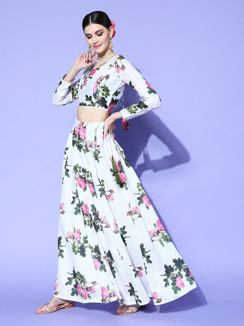 Women White Floral Crop Top With Anarkali Skirt
