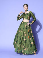 Women Green Floral Crop Top With Anarkali Skirt