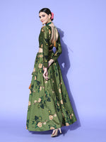Women Green Floral Crop Top With Anarkali Skirt