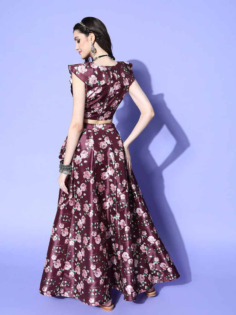 Women Burgundy Floral Layered Crop Top With Anarkali Skirt
