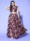 Women Burgundy Floral Layered Crop Top With Anarkali Skirt