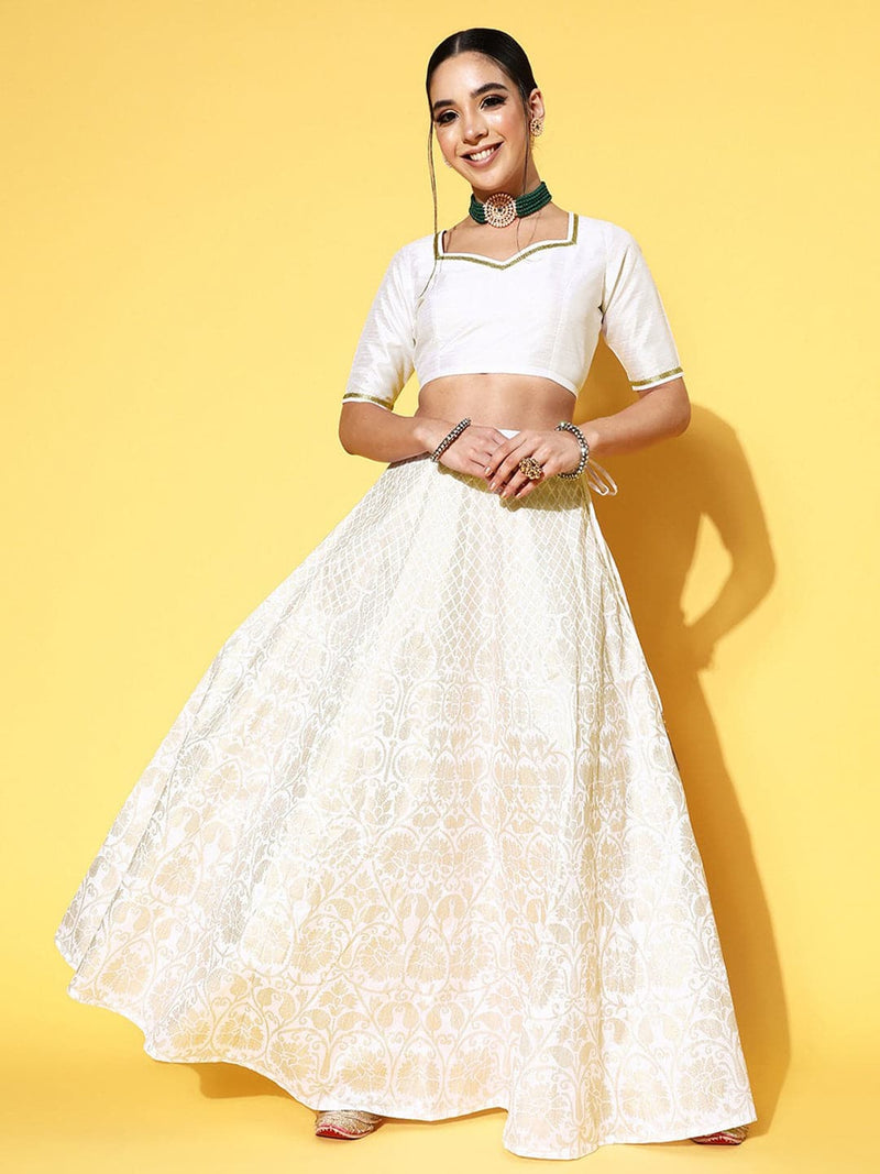 Women White Crop Top With Foil Anarkali Skirt