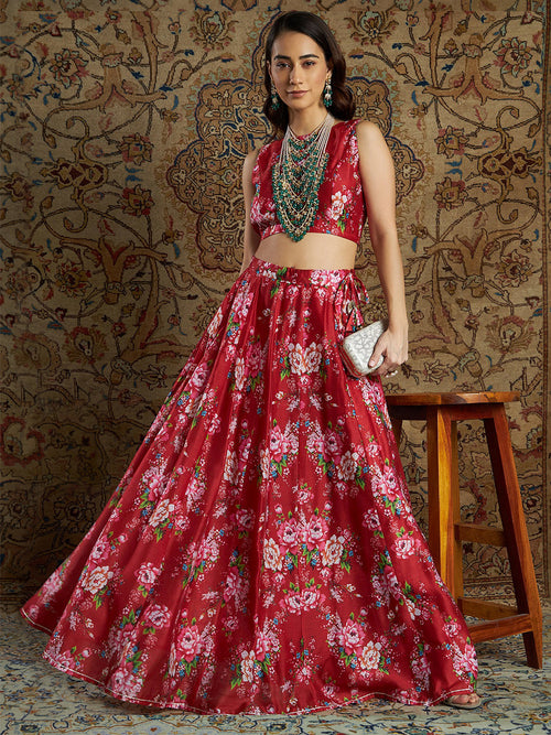 Women Maroon Chanderi Floral Crop Top With Anarkali Skirt