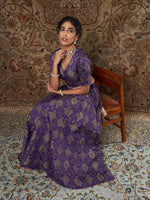 Women Purple Brocade Floral Crop Top With Aanrkali Skirt