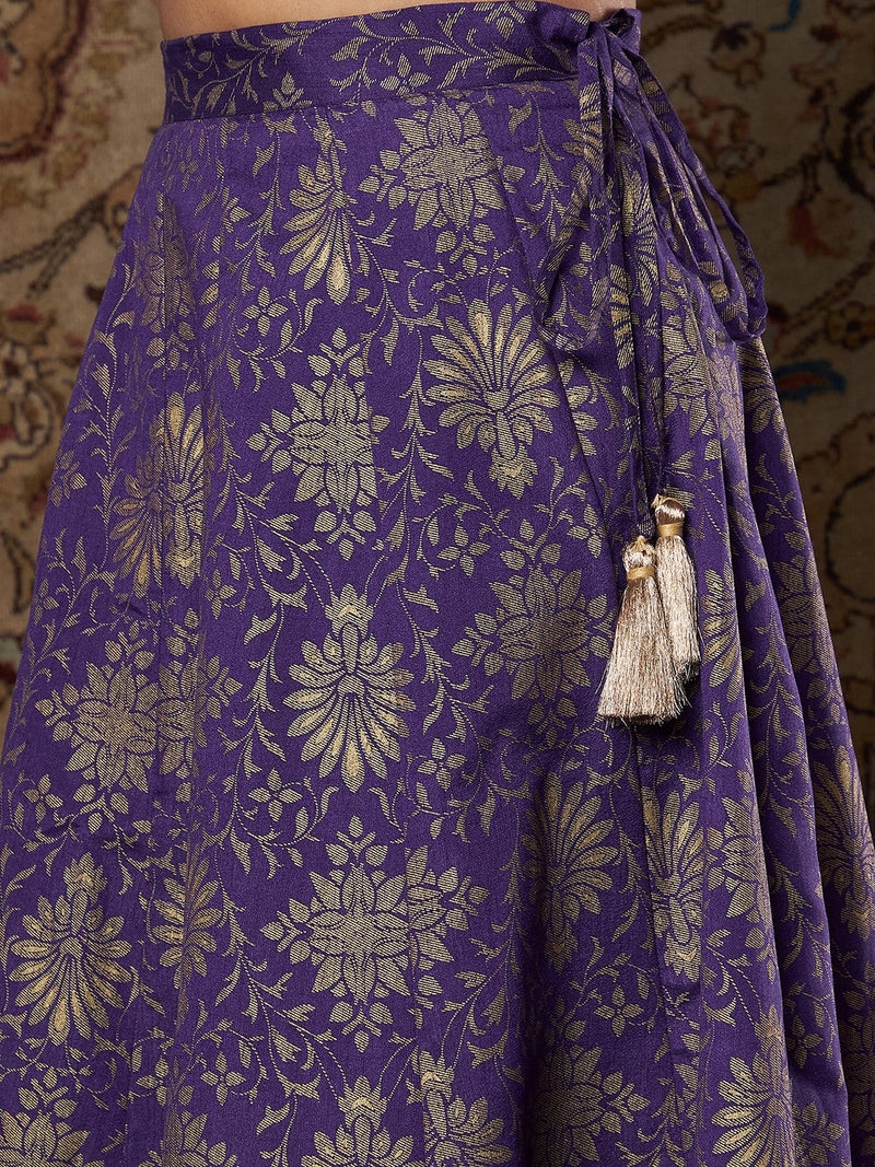 Women Purple Brocade Floral Crop Top With Aanrkali Skirt