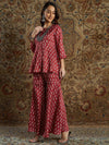 Women Red Satin Floral Peplum Top With Palazzo Pants
