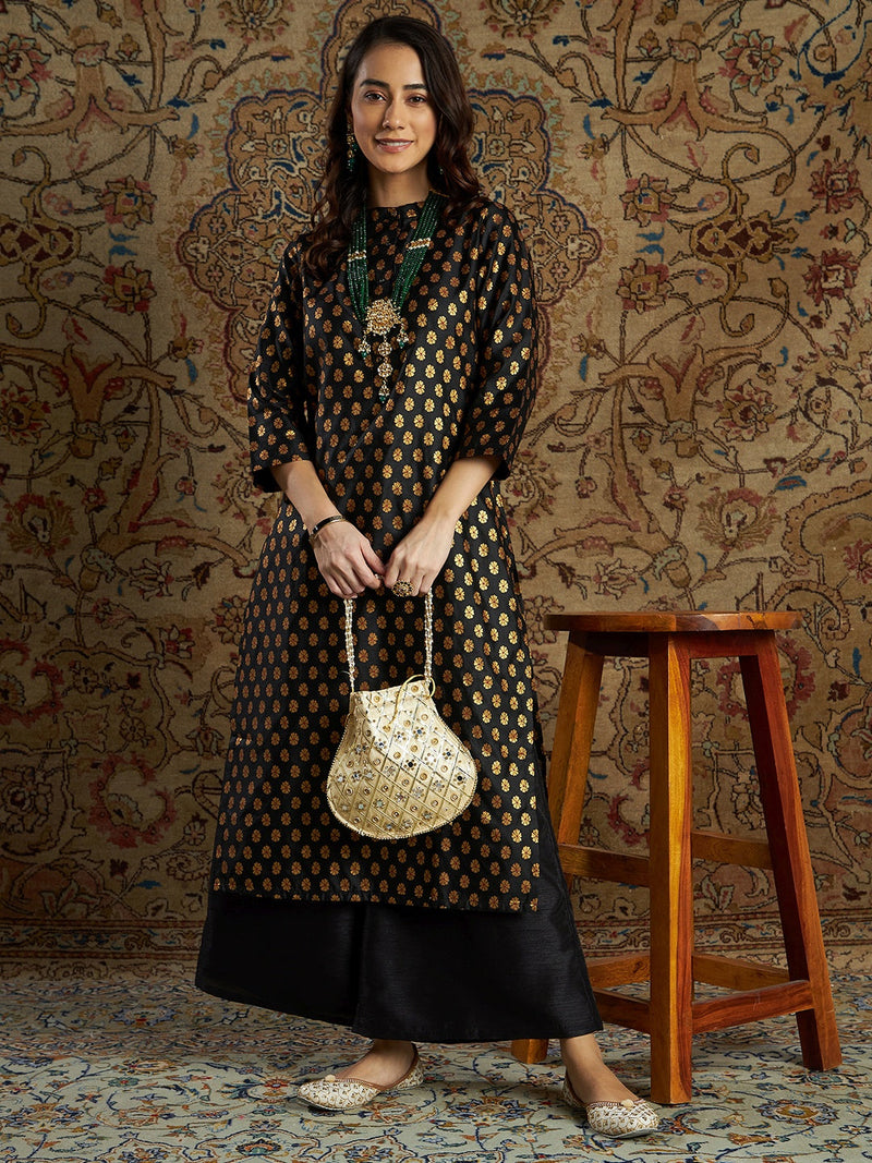 Black Apple Cut Cotton Kurti With High Ankle Palazzo Pant