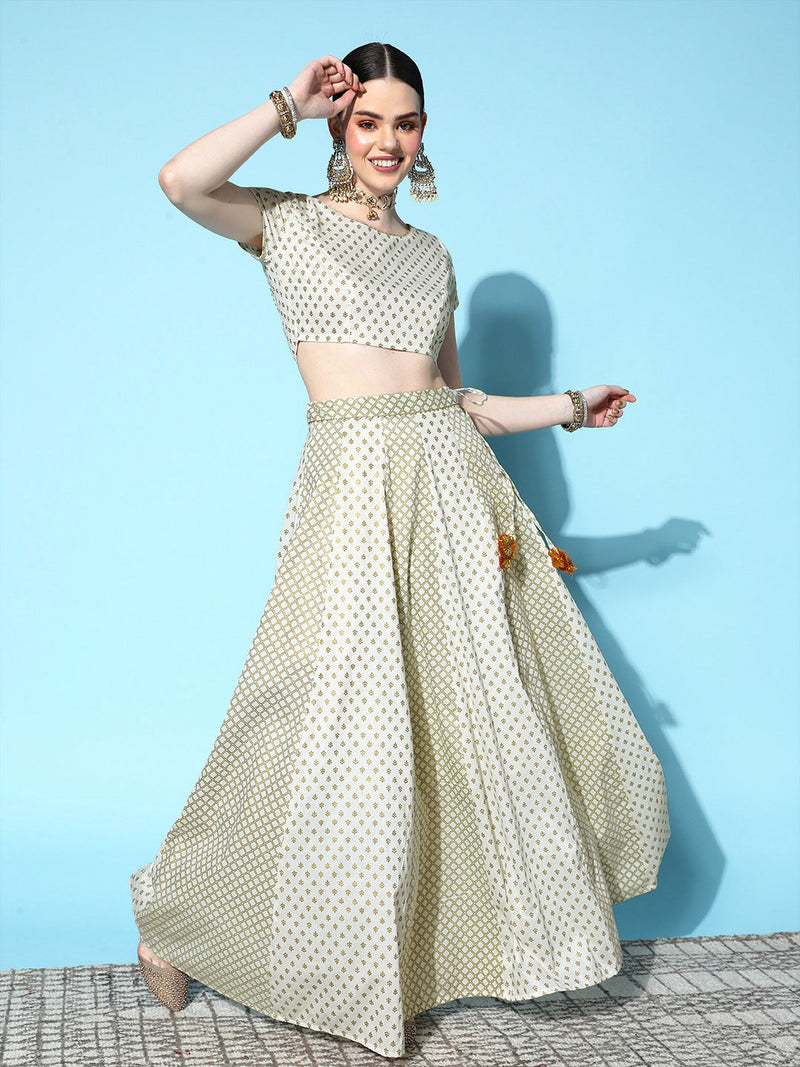 Women Off White Cotton Silk Foil Crop Top With Anarkali Skirt