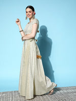 Women Off White Cotton Silk Foil Crop Top With Anarkali Skirt