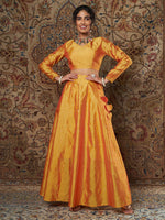 Women Mustard Jacquard Crop Top With Anarkali Skirt