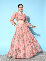 Women Peach Floral Wrap Crop Top With Anarkali Skirt