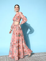 Women Peach Floral Wrap Crop Top With Anarkali Skirt