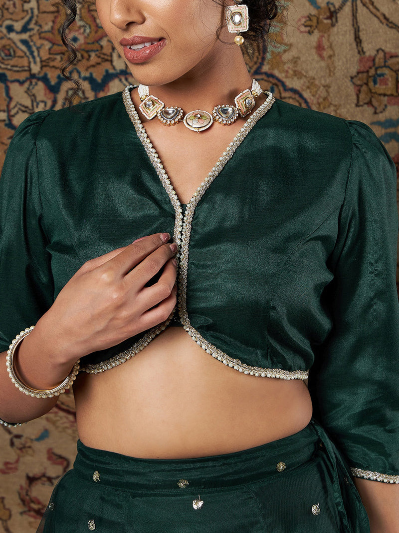 Women Green Crepe Top With Tulle Aanrkali Skirt